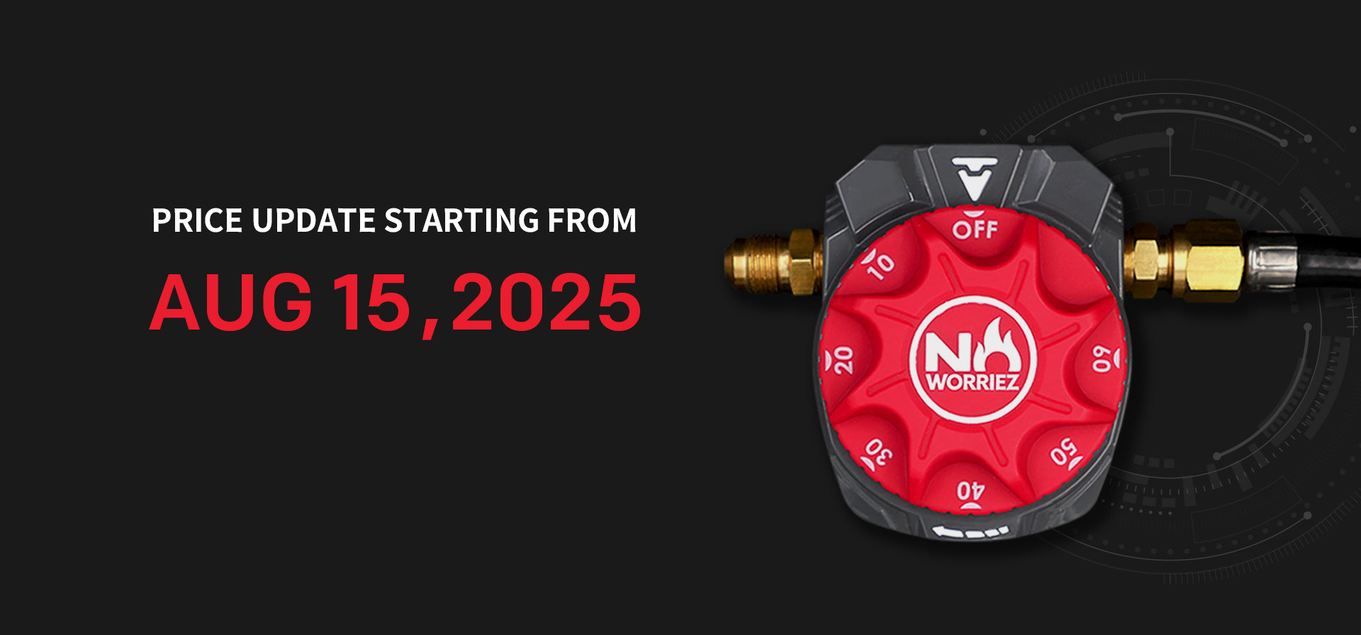 Red and black pressure regulator with Worrex logo on a black background, featuring a price update text.