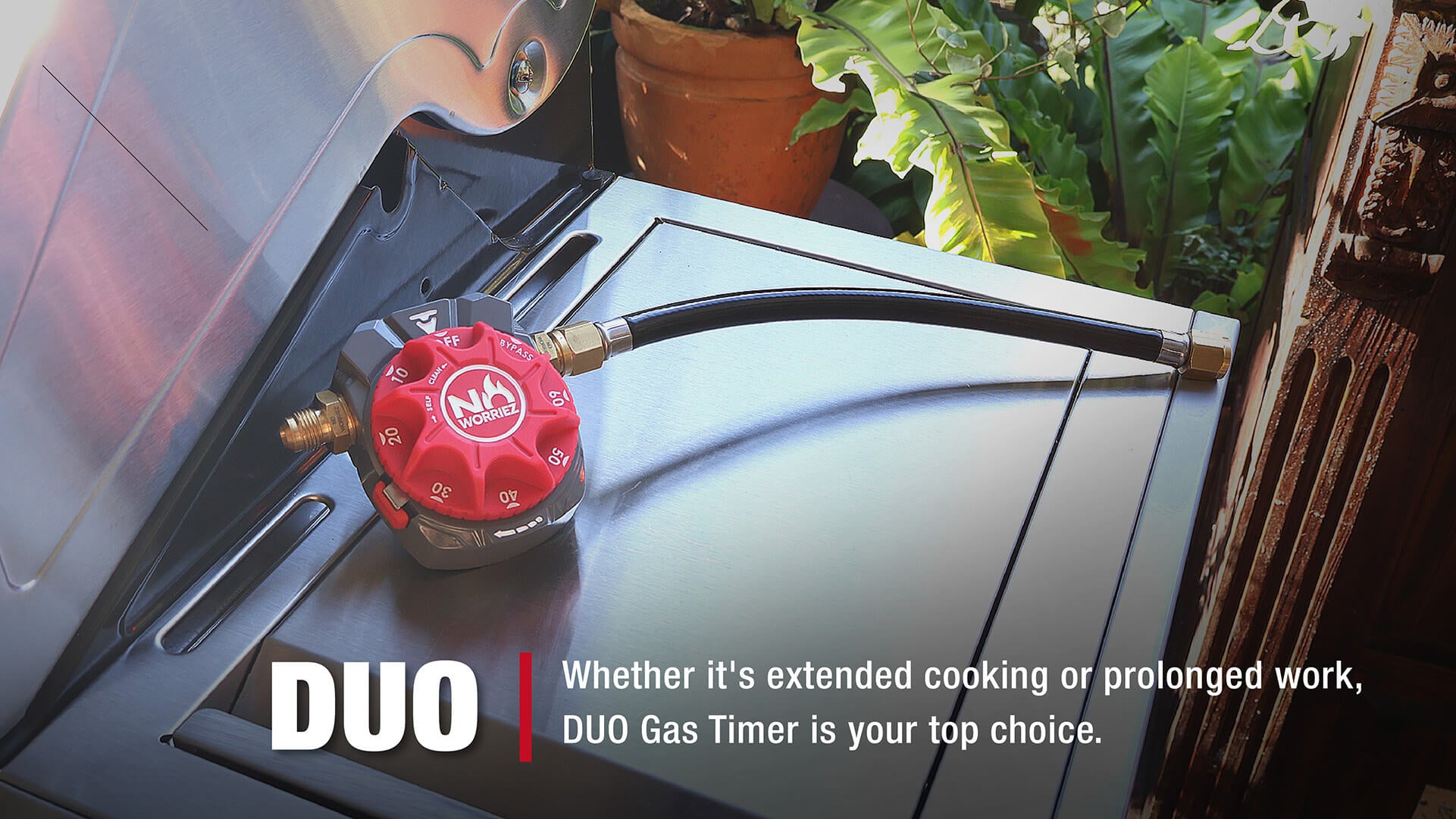 Introducing No Worriez gas timer 'Duo Series', featuring Bypass function, a continuous gas supply mode.