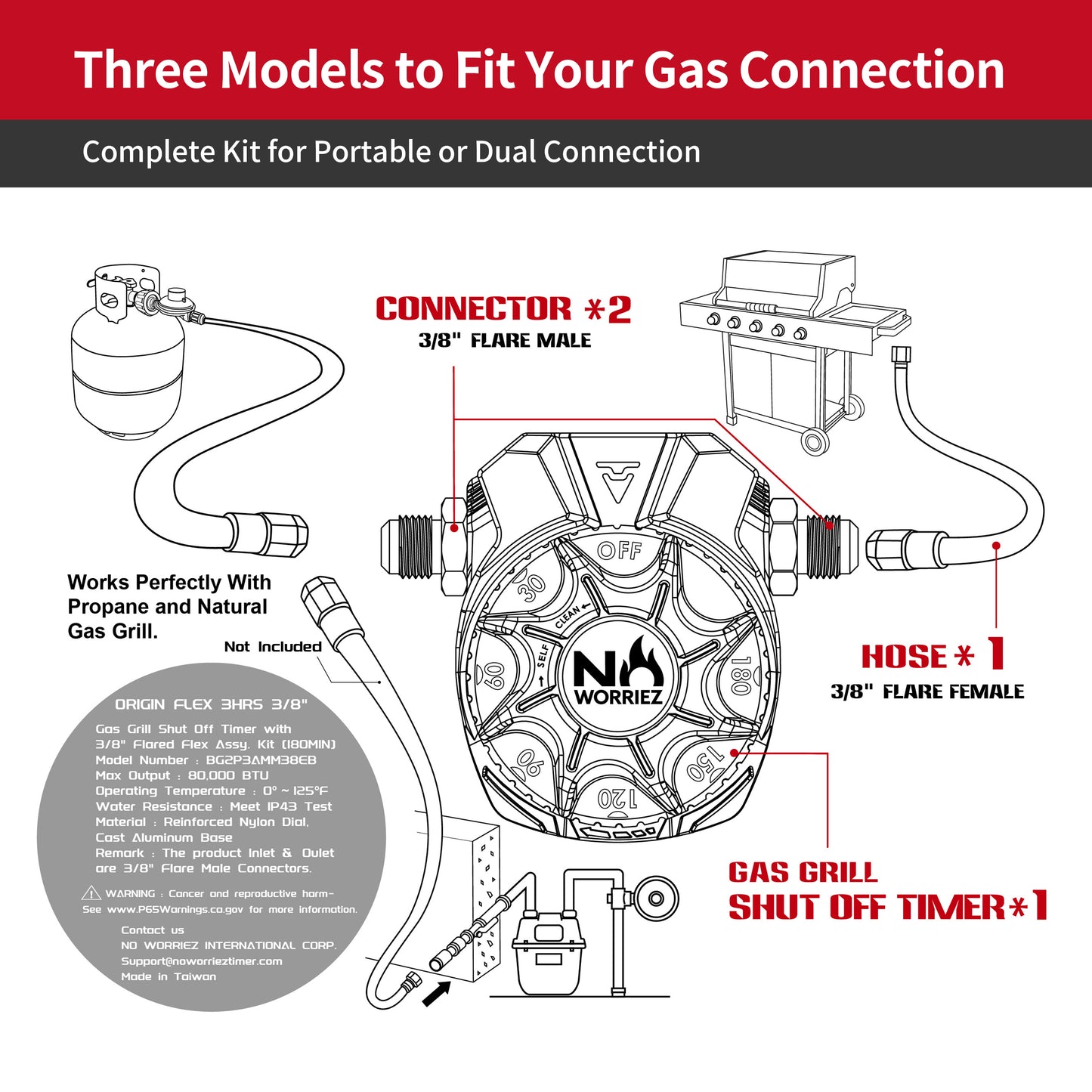 3 Hour Mechanical Gas Timer Dual 3/8″ Male Flare ASSY. Kit (Golden Beige / Origin)