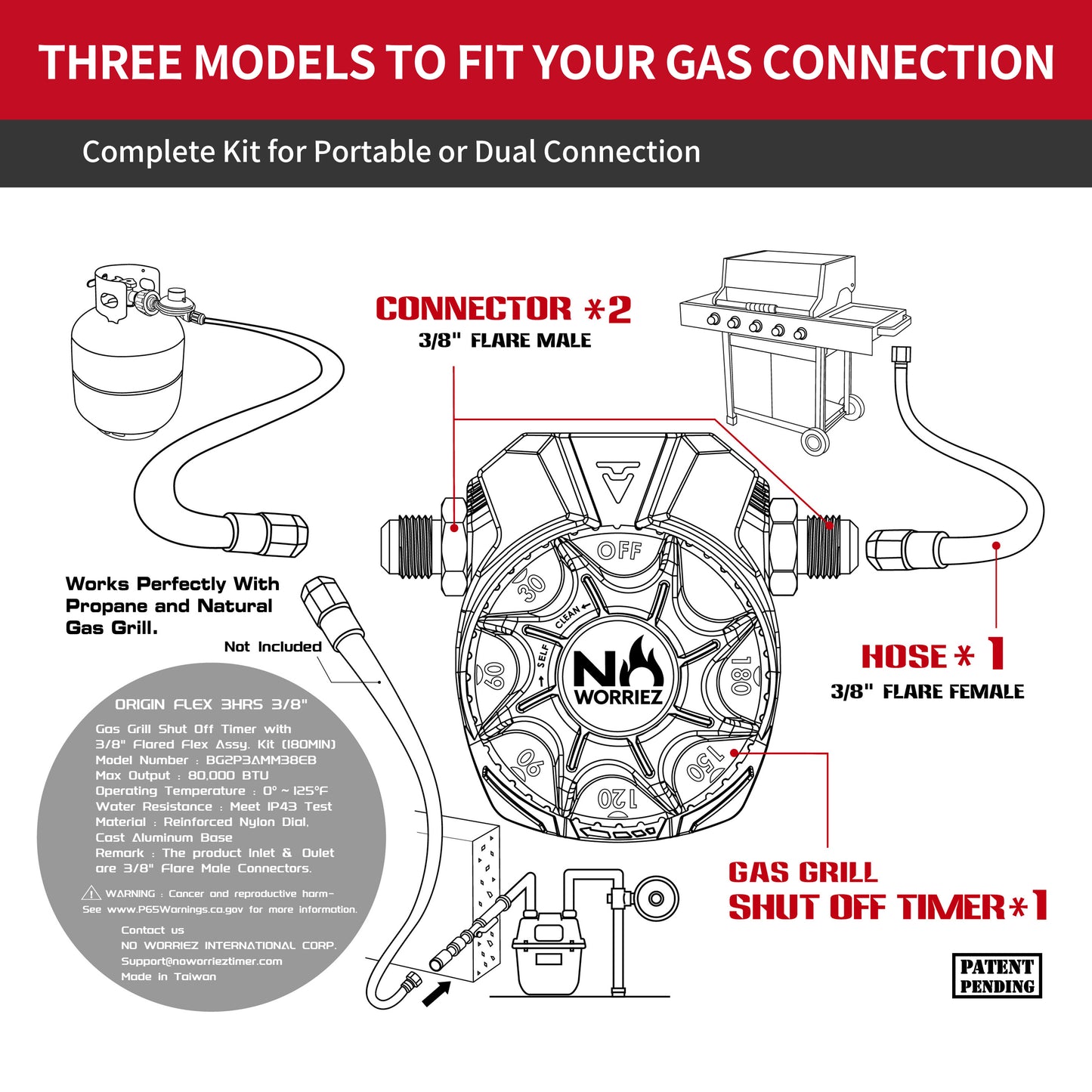3 Hour Mechanical Gas Timer Dual 3/8″ Male Flare ASSY. Kit (Golden Beige / Origin)